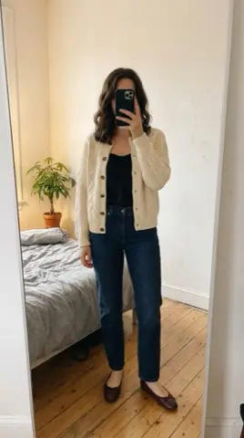 fit pic: cream cardigan over a black camisole, dark jeans and burgundy ballet flats, in a bedroom mirror.