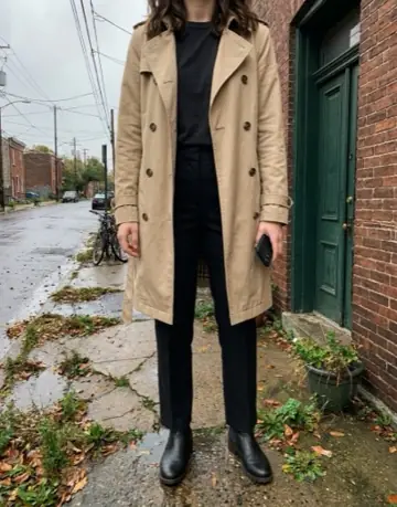 fit pic: beige trench, black tee, black trousers and black chelsea boots, on the street.