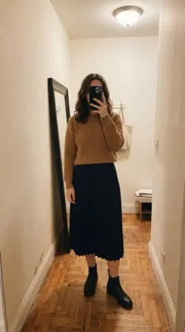 fit pic: tan knit, black pleated midi skirt and black chelsea boots, in a hallway mirror.