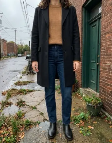 fit pic: black wool coat, tan knit, dark jeans and chelsea boots, on the street.