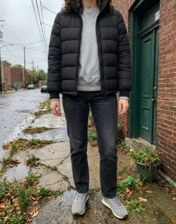 fit pic: black puffer, grey sweatshirt, black jeans and grey suede sneakers, on the street.
