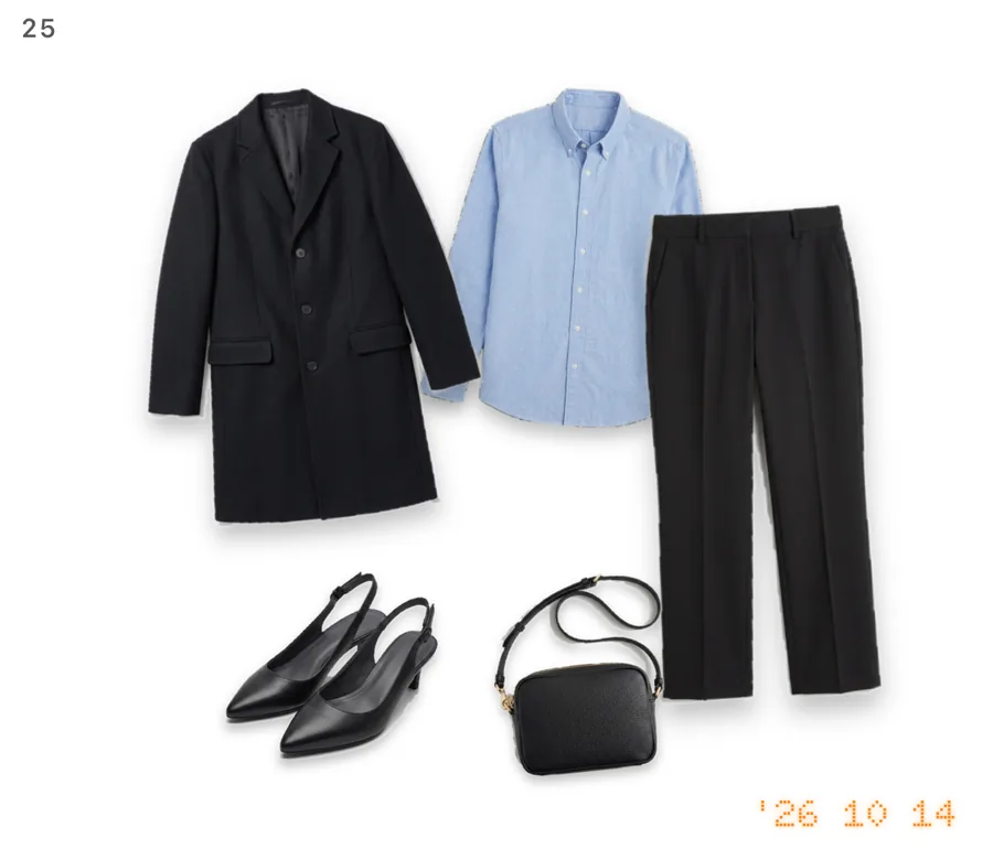 Another outfit from the sample closet as the app lays it out: a black wool coat, light blue oxford shirt, black trousers, black slingback heels and a black crossbody bag, with the date burned into the corner.