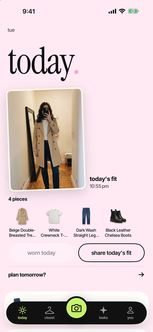 Looksake’s today screen: today’s logged fit, its four pieces, and ideas for what to wear next.